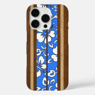 Pupukea Hibiscus Hawaiian Faux Wood Surfboard Blue iPhone 16 Pro Case