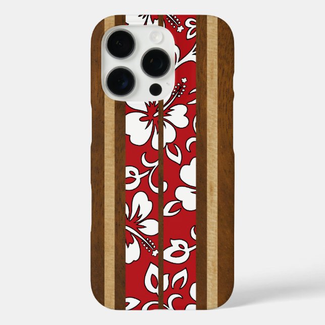 Pupukea Hibiscus Hawaiian Faux Wood Surfboard Red Case-Mate iPhone Case (Back)