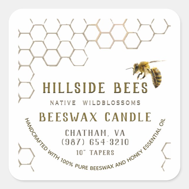 Pure Beeswax Candle Label with Honeycomb & Bee (Front)