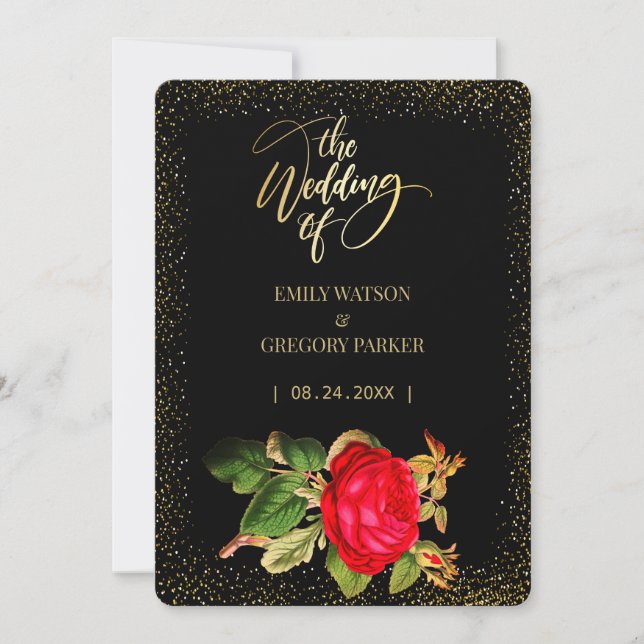 Pure black and gold elegance ,red roses wedding save the date (Front)