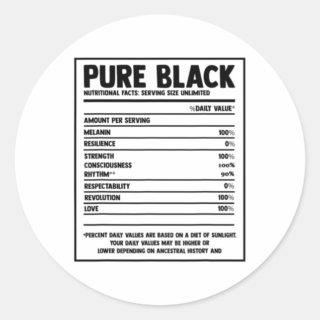 Pure Black Nutritional Facts Black History Month  Classic Round Sticker (Front)