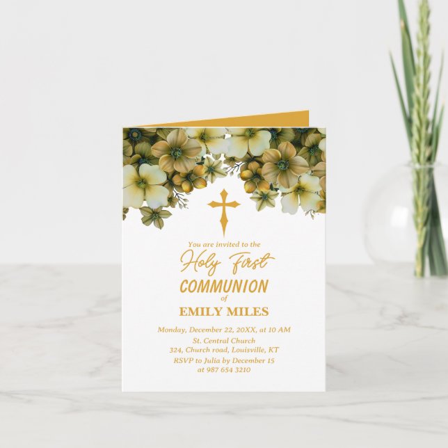 Pure Elegance floral first catholic communion Invitation (Front)
