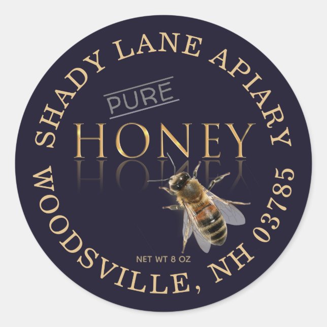 PURE Honey Label with Honeybee Dark Navy Gold (Front)