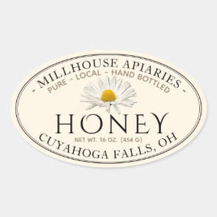 Pure Local Hand Bottled Raw Honey with Daisy Oval Sticker