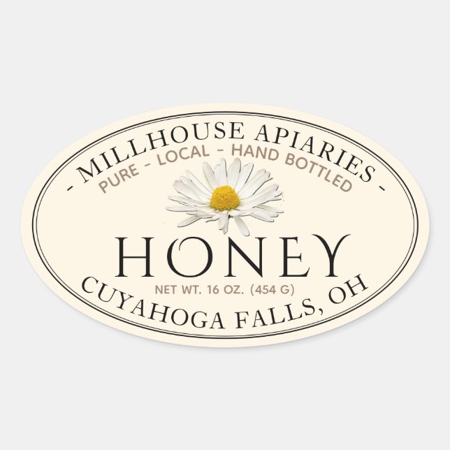 Pure Local Hand Bottled Raw Honey with Daisy Oval Sticker (Front)