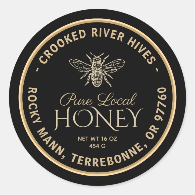 Pure Local Honey Label Black Gold Vintage Bee  (Front)
