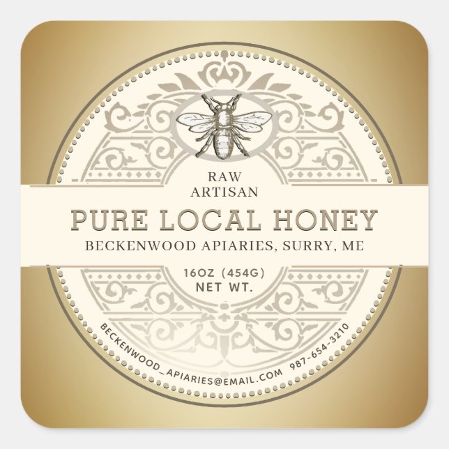 Pure Local Honey Ornate Label with Gold Gradient (Front)