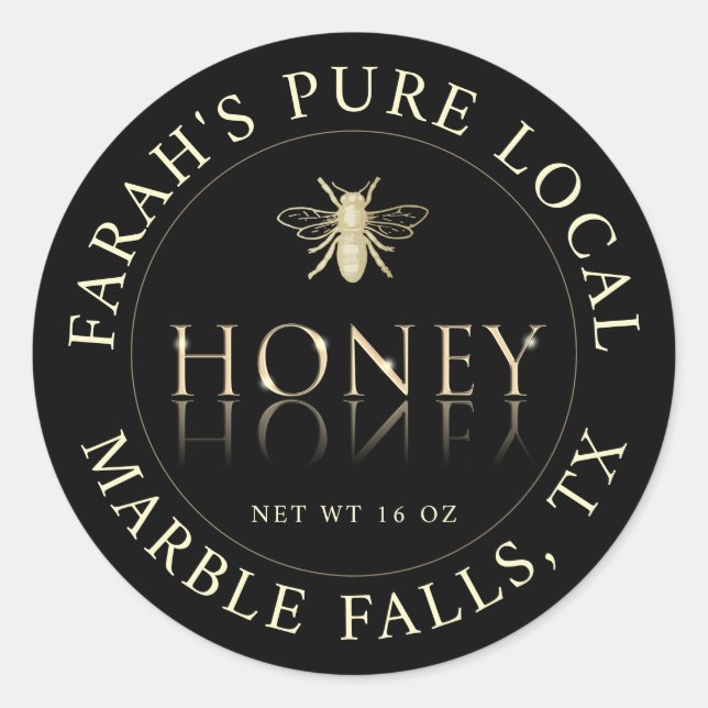 Pure Local Honey with Gold Heraldic Bee on Black   Classic Round Sticker (Front)