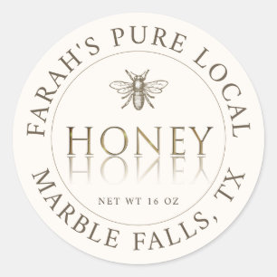 Pure Local Honey with Gold Heraldic Bee on Ivory Classic Round Sticker