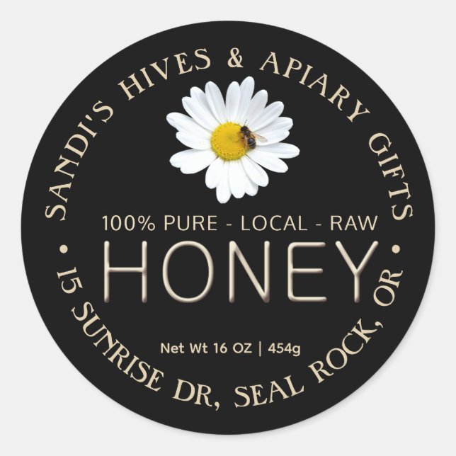 PURE LOCAL RAW HONEY label with daisy & bee (Front)