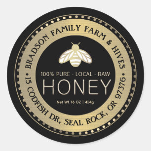PURE LOCAL RAW HONEY label with stylized gold bee
