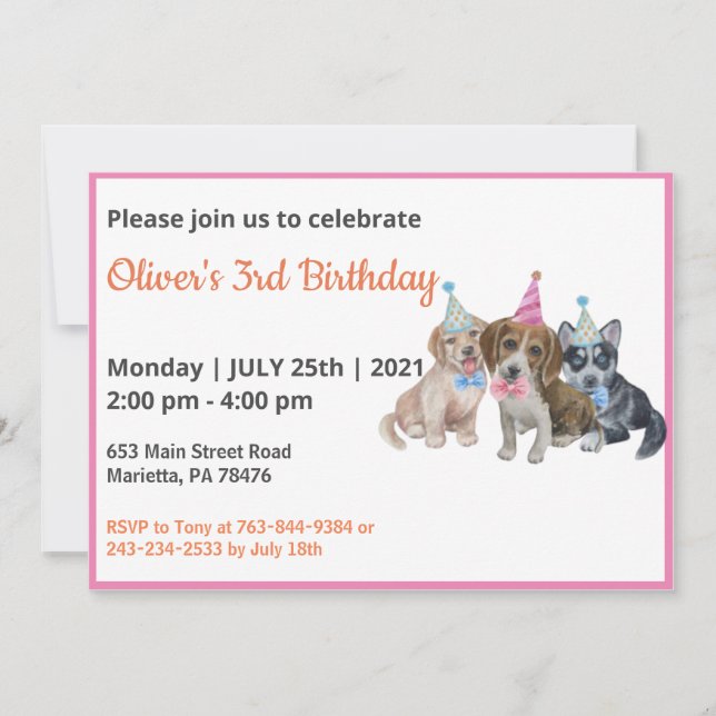 Pure Puppy | Dogs Theme Boy First Birthday Party Invitation (Front)