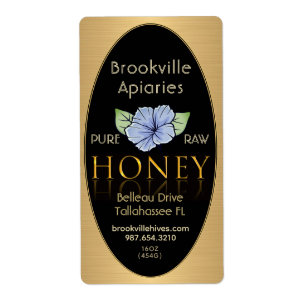 Pure Raw Honey Label Black and Gold with Flower