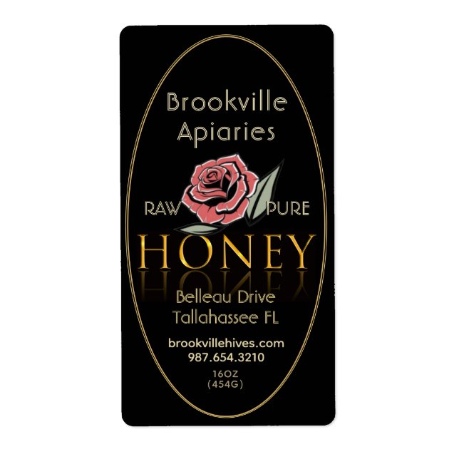 Pure Raw Honey Label Black and Gold with Rose (Front)