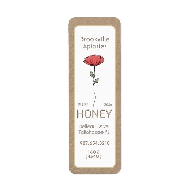 Pure Raw Honey Label Kraft and White with Flower (Front)