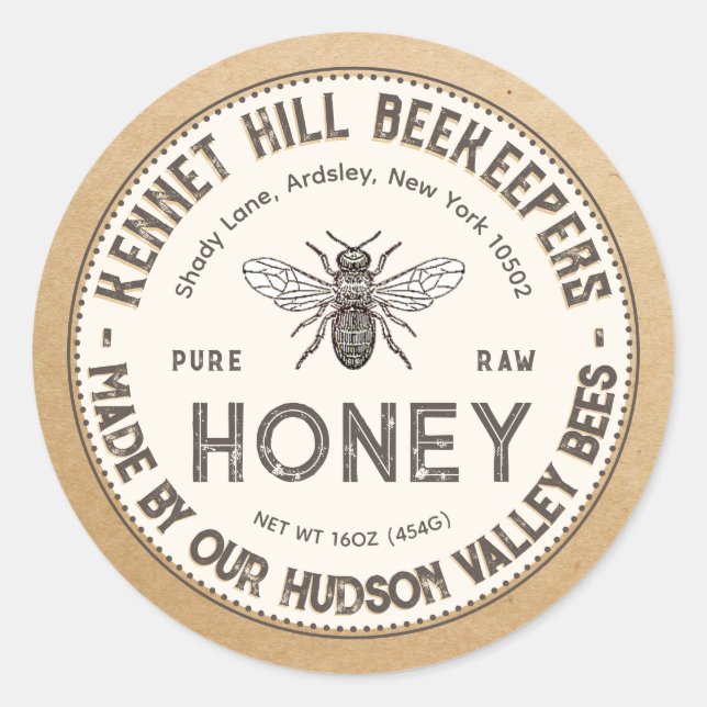Pure Raw Honey Label Kraft French Bee (Front)
