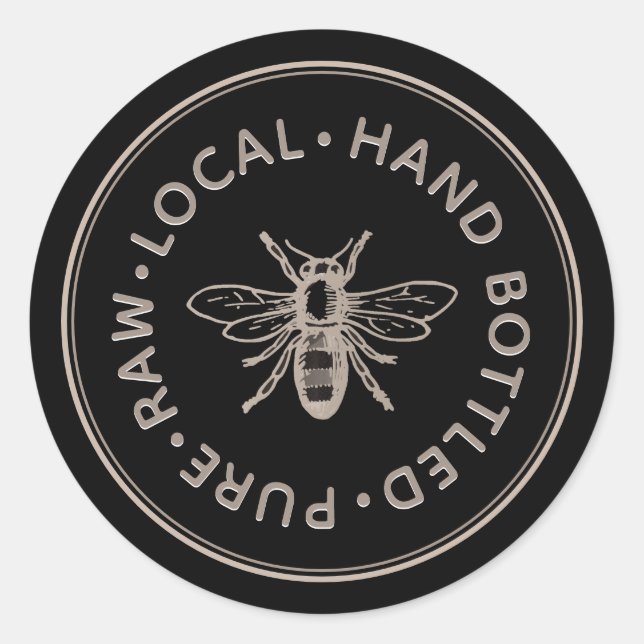 Pure Raw Local Hand Bottled Honey Bee Emblem Black Classic Round Sticker (Front)