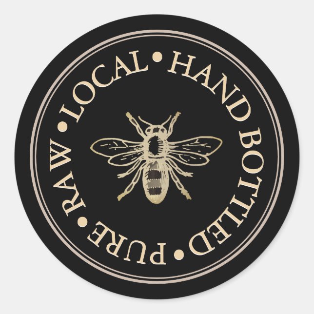 Pure Raw Local Hand Bottled Honey Black Gold Bee Classic Round Sticker (Front)