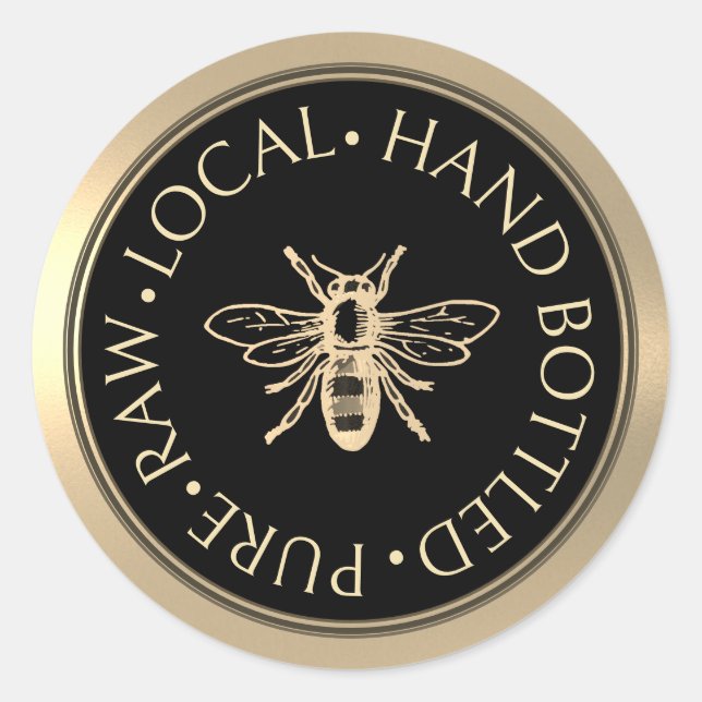 Pure Raw Local Hand Bottled Honey Gold Black Bee Classic Round Sticker (Front)
