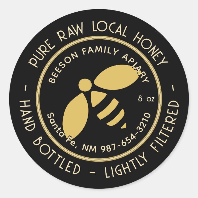 Pure Raw Local Honey Label Gold Bee Black (Front)