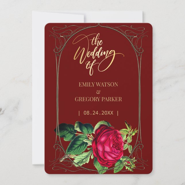 Pure red and gold elegance ,red roses save the date (Front)