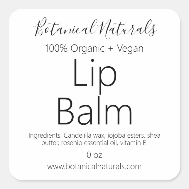 Pure Vegan Handmade Organic Lip Balm Tube Labels (Front)