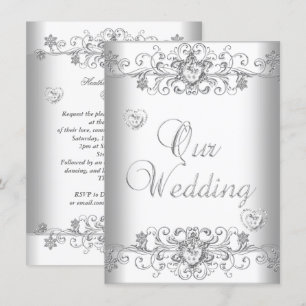 Pure White Wedding Silver Diamond Hearts Invitation