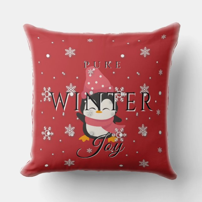 Pure Winter Joy w/ Penguin and Snow Throw Pillow (Front)
