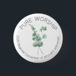 Pure Worship 2025 Convention Pin w Eucalyptus<br><div class="desc">This beautiful round "Pure Worship" pin with eucalyptus leaves is perfect to wear or give as gifts for the 2025 Convention of Jehovah's Witnesses.</div>