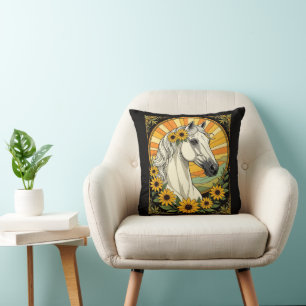 Purebred Horse And Black Eyed Susan Flowers Throw Pillow