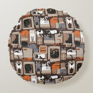 Purfect feline architecture // fun cats and boxes round pillow