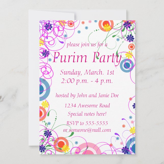 Purim Mask and Swirls Invitation (Back)