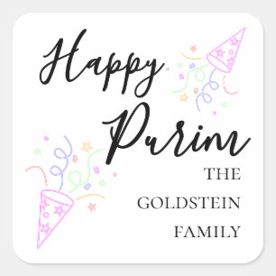 Purim Neon Party Hat Mishloach Manot Name Square Sticker