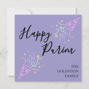 Purim Purple Neon Party Hat Mishloach Manot Name Holiday Card