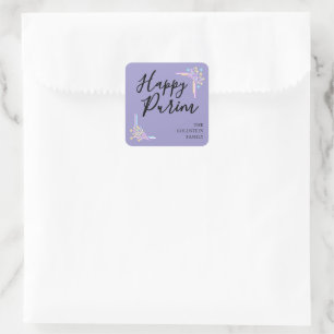 Purim Purple Neon Party Hat Mishloach Manot Name Square Sticker
