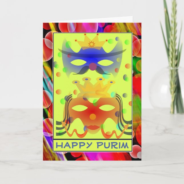 Purim Queen King Masks Colourful Contemporary Card (Front)