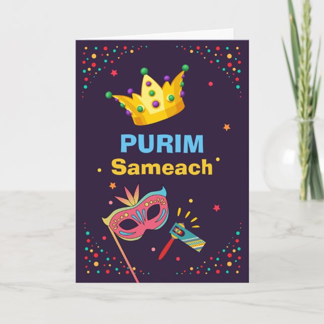 Purim Sameach Festive Mask and Noise Maker Card (Front)