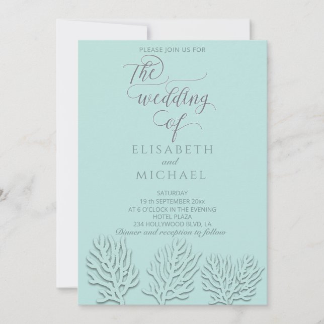 Purist blue embossed romantic coral calligraphy invitation (Front)