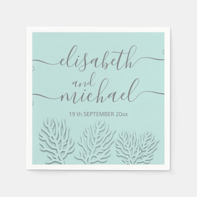 Purist blue embossed romantic coral calligraphy napkin (Front)