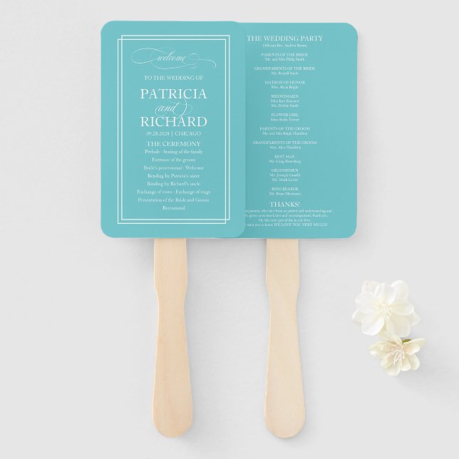 Purist Blue Simple Elegant Wedding Program Hand Fan (Front and Back)