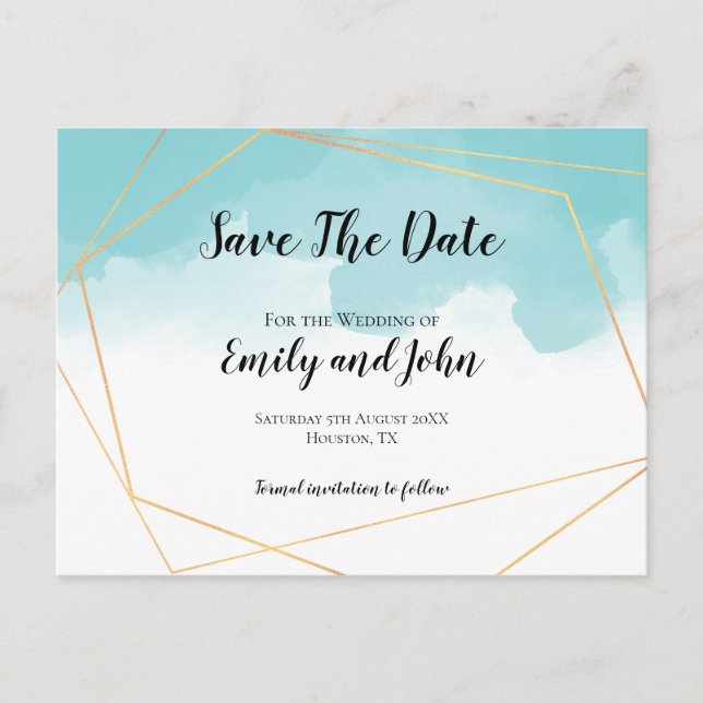 Purist Blue Watercolor Geometric Save The Date Postcard (Front)