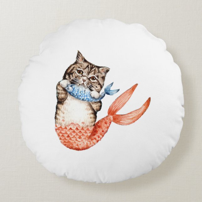 Purmaid Cat Mermaid Round Pillow (Front)
