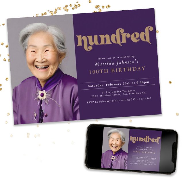 Purple 100e anniversaire de fête Invitation (Purple 100th Birthday Party Invitation)