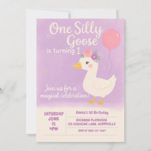 Purple 1st Birthday Celebration - One Silly Goose  Invitation