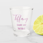 Purple 21st birthday shot glass<br><div class="desc">Spend time with friends as you celebrate your 21st birthday.  This lovely shot glass features your name written in purple cursive ink with "Happy 21st birthday" printed underneath in matching colours.  Easy to customize,  personalize yours today!</div>