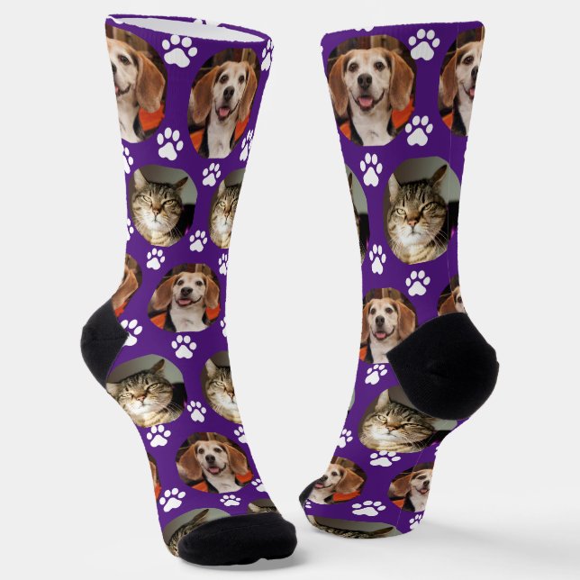 Purple 2 Pet Photo Paw Prints Cute Socks (Angled)