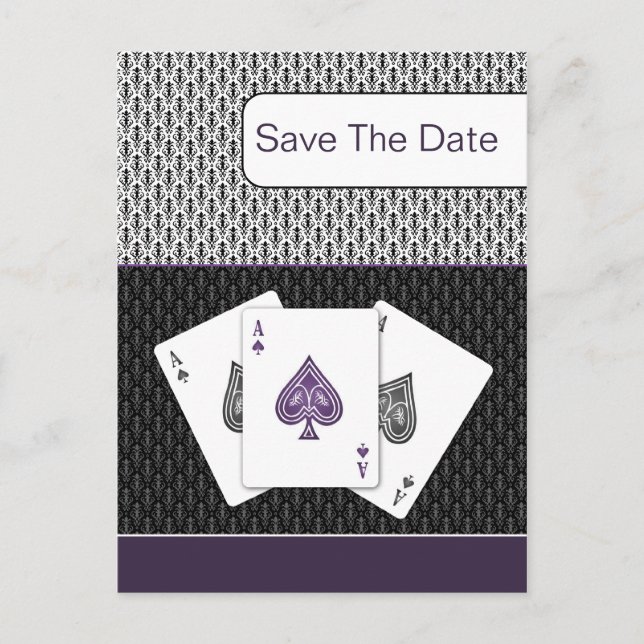 purple 3 aces vegas wedding save the date announcement postcard (Front)