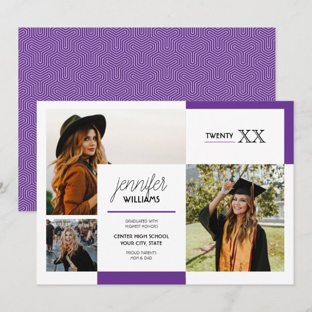 Purple 3 Photo Graduation Announcement (Front/Back)