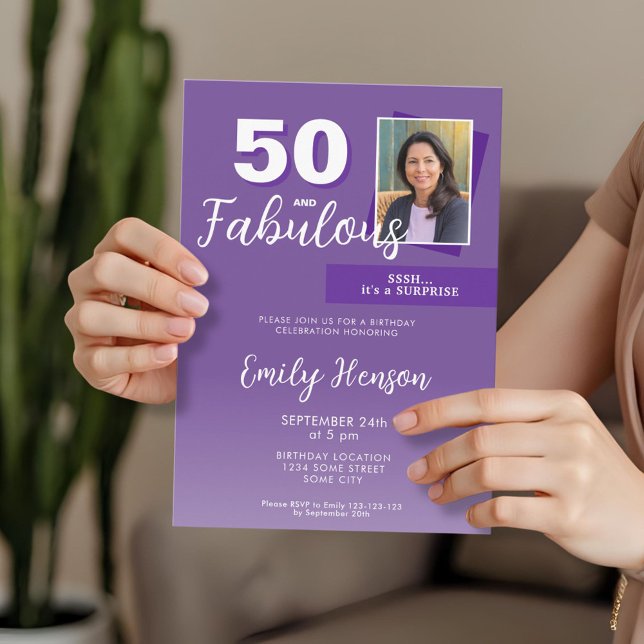 Purple 50 and Fabulous 50th Birthday Party Photo Invitation (Creator Uploaded)