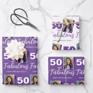 Purple 50 and Fabulous 50th Birthday Photo Wrapping Paper Sheet